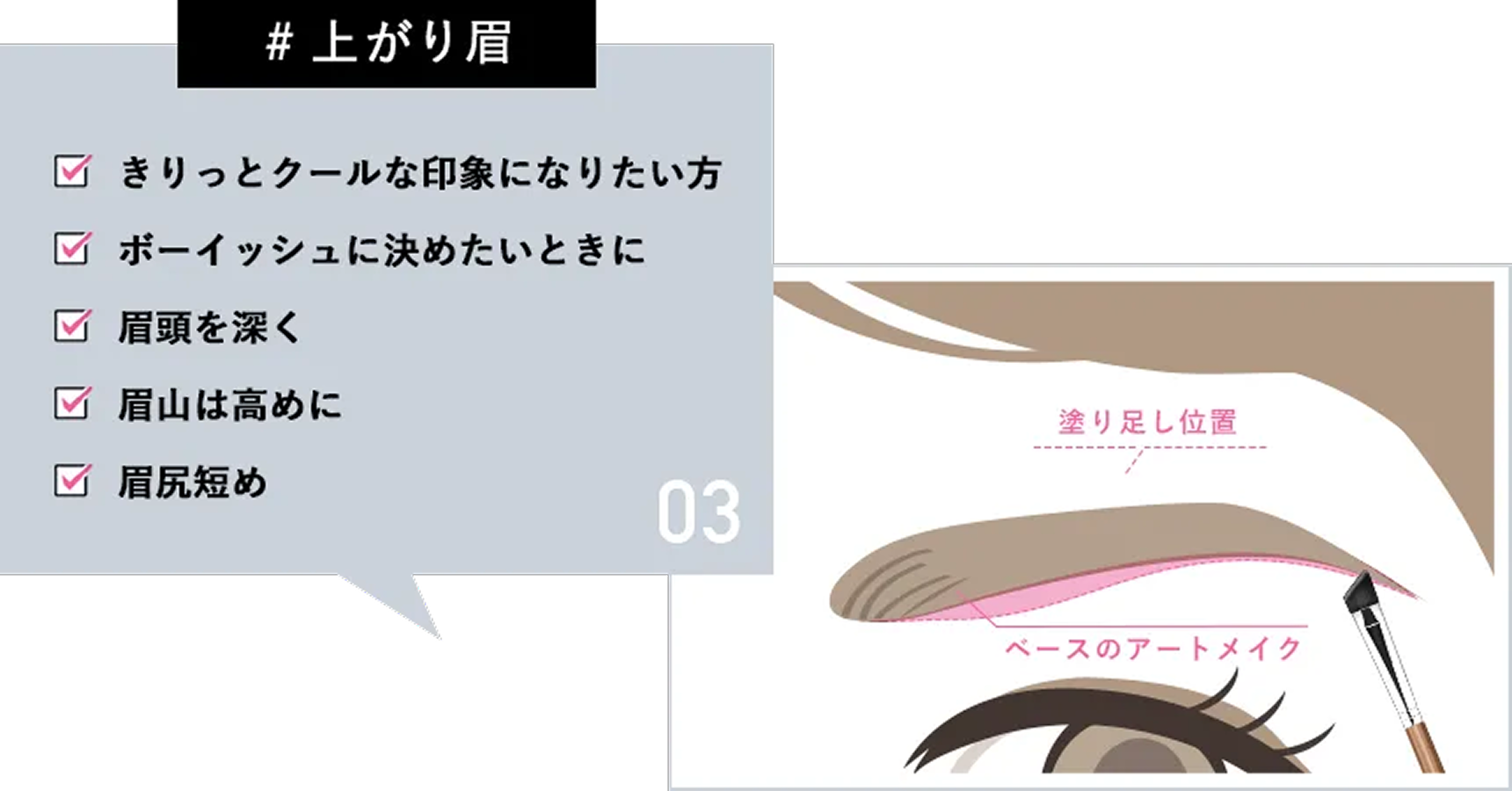 #上がり眉 きりっとクールな印象になりたい方 ボーイッシュに決めたいときに 眉頭を深く 眉山は高めに 眉尻短め