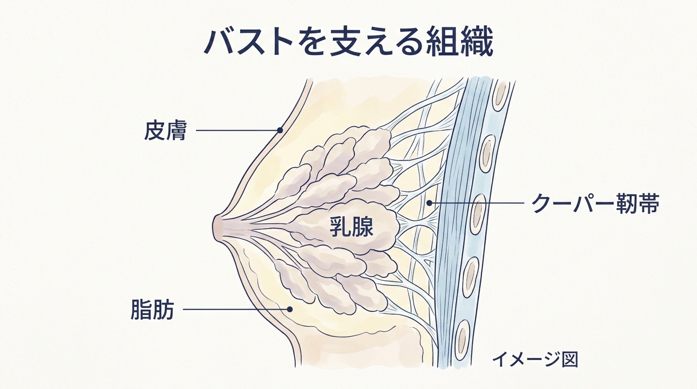 バストを横から見た断面を模式的に描き、皮膚、クーパー靭帯、乳腺、脂肪の位置を示した図