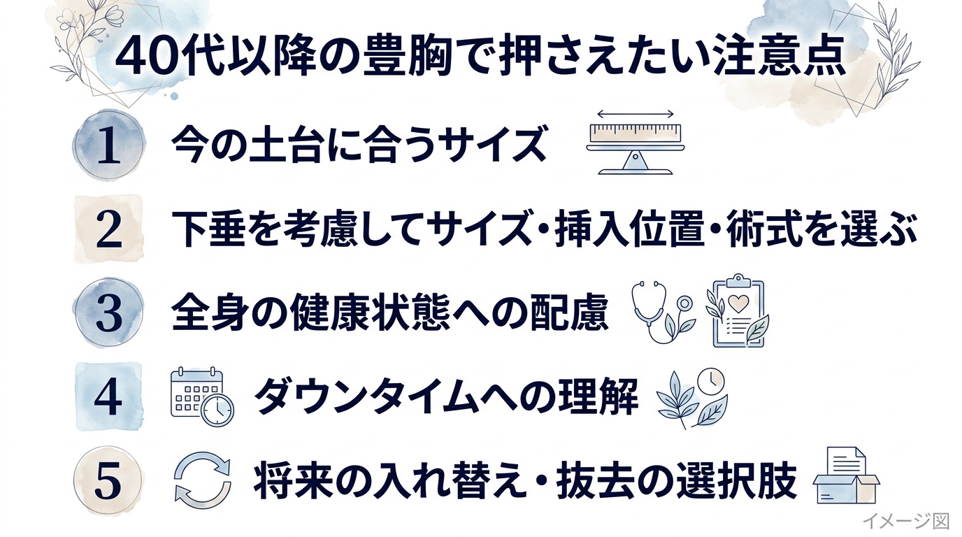 40代以降の豊胸の注意点として、今の土台に合うサイズ、下垂を考慮した術式、全身の健康、ダウンタイム、将来の入れ替え・抜去を整理した図